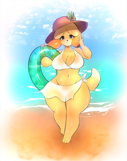 anthro beach big_breasts breasts clothed clothing female hat headgear headwear inflatable outside pool_float seaside solo luvon animal_crossing nintendo isabelle_(animal_crossing) canid canine canis domestic_dog mammal shih_tzu toy_dog hi_res