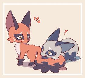 ambiguous_gender border duo emanata exclamation_point fangs feral fluffy fluffy_tail fur grey_body grey_fur open_mouth orange_body orange_border orange_fur paws simple_background tail teeth yellow_eyes nekogyo122 nintendo pokemon canid canine generation_8_pokemon mammal nickit pokemon_(species) shiny_pokemon 2023 hi_res