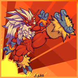 3_toes abstract_background action_pose ambiguous_gender anthro avian_feet blonde_hair blue_eyes claws crotch_tuft feather_hair feathers feet hair kick light light_beam long_hair multicolored_body multicolored_feathers muscular open_mouth pokemorph pose pronounced_browridge pseudo_hair red_body red_feathers scuted_arms scutes side_view sitting smile solo sunbeam sunlight toe_claws toes tuft yellow_body yellow_feathers yellow_sclera jisito nintendo pokemon blaziken generation_3_pokemon pokemon_(species) 1:1