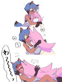 5_fingers :d anthro biped black_nose blue_body blue_fur blue_hair blush bottomwear brown_body brown_fur claws clothed clothing dialogue dipstick_tail duo ellipsis facial_markings female female/female fingers fluffy fluffy_tail fur gloves_(marking) hair head_markings inner_ear_fluff long_hair markings multicolored_body multicolored_fur multicolored_hair multicolored_tail pink_body pink_fur pink_hair pupils short_hair simple_background smile speech_bubble tail tail_markings text topwear tuft two_tone_body two_tone_fur two_tone_hair two_tone_tail white_background white_body white_fur h0y0n brand_new_animal studio_trigger michiru_kagemori nazuna_hiwatashi canid canine fox mammal raccoon_dog tanuki 2021 digital_media_(artwork) hi_res japanese_text translation_check translation_request