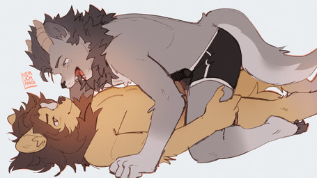 anthro black_bottomwear black_clothing black_mane black_shorts bottomwear brown_eyes brown_mane clothed clothing duo fur grey_body grey_fur male mane pinned pinned_to_ground shorts shorts_only slim_anthro slim_male tail topless topless_anthro topless_male yellow_body yellow_fur hemuchang european_mythology mythology dragon felid furred_dragon furred_scalie lion mammal mythological_creature mythological_scalie pantherine scalie western_dragon 16:9 2022 hi_res widescreen