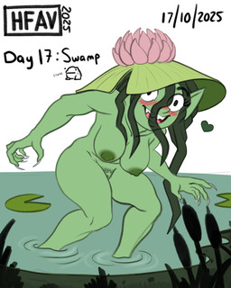areola big_breasts black_eyes blush blush_lines breasts colored_nails eyelashes female genitals green_areola green_body green_hair green_nipples green_skin hair heart_symbol humanoid_pointy_ears long_hair long_nails looking_at_viewer nails nipples nude open_mouth open_smile partially_submerged pointy_ears pubes simple_background smile solo standing_in_water text thick_thighs vulva water white_background white_nails wide_hips h-fav gobtober goblin humanoid 2025 4:5 absurd_res hi_res