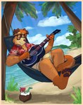 aloha_shirt anthro beach beverage border bottomwear brown_body brown_ears brown_eyewear brown_fur brown_glasses brown_hair brown_nose brown_pawpads brown_tail clothing cloud coconut coconut_drink day drinking_straw drupe_(fruit) eyes_closed eyewear food fruit fur glasses guitar hair hammock holding_guitar holding_musical_instrument holding_object lying male multicolored_body multicolored_clothing multicolored_eyewear multicolored_fur multicolored_glasses multicolored_shirt multicolored_topwear musical_instrument on_back orange_body orange_border orange_fur outside palm_tree parasol pattern_clothing pattern_shirt pattern_topwear pawpads plant playing_guitar playing_music plucked_string_instrument red_clothing red_shirt red_topwear sand sea shirt shorts smile solo string_instrument tail tan_bottomwear tan_clothing tan_shorts topwear tree two_tone_tail water white_clothing white_shirt white_topwear shaibey bluey_(series) busker_(bluey) canid canine canis domestic_dog irish_terrier mammal 2024 digital_media_(artwork) hi_res