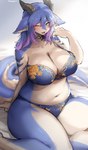 anthro big_breasts blue_bra blue_clothing blue_panties blue_underwear blush bow_panties bow_underwear bra breasts cleavage clothed clothing female female_anthro hair huge_breasts kemono multicolored_body multicolored_hair non-mammal_breasts one_eye_closed panties slightly_chubby slightly_chubby_female solo tail underwear underwear_only suurin_2 mythology lanya_(lcshian) dragon mythological_creature mythological_scalie scalie 2023 absurd_res digital_media_(artwork) hi_res