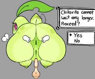 anticipation anus aroused balls big_butt breath butt disembodied_hand disembodied_penis duo erection female feral genitals green_anus green_body green_vulva heart_eyes heart_pupils heart_symbol hud huge_butt innie_vulva looking_at_viewer looking_back looking_back_at_viewer male male/female penis question_mark red_eyes short_tail spread_anus spread_butt spreading tail tail_motion tailwag text text_box vulva wide_hips yes-no_question sleepysalami nintendo pokemon chikorita generation_2_pokemon pokemon_(species) english_text