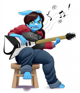 alternate_species annoyed anthro barefoot big_breasts black_hair blue_body blue_fur bottomwear breasts buckteeth clothing electric_guitar feet female female_anthro fur furniture green_eyes guitar hair holding_guitar holding_musical_instrument holding_object jacket looking_down musical_instrument musical_note musical_symbol nipple_outline pants playing_guitar playing_music plucked_string_instrument red_clothing red_jacket red_topwear sitting sitting_on_stool solo stool string_instrument symbol teeth topwear white_body white_fur amara_burrger hasbro littlest_pet_shop littlest_pet_shop_(2012) josh_sharp lagomorph leporid mammal rabbit 2020 digital_media_(artwork) full-length_portrait hi_res portrait