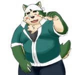 anthro belly blush eyebrows fur green_body green_fur male one_eye_closed overweight solo thick_eyebrows wink yaki_atsuage lifewonders live_a_hero mokdai canid canine canis domestic_dog mammal 1:1 hi_res