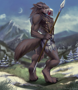 animal_genitalia anthro armor barely_visible_genitalia barely_visible_sheath black_body black_fur black_tail blood bodily_fluids braided_hair claws digitigrade finger_claws fur genitals goggles_on_face hair harness holding_object holding_weapon male mask melee_weapon mountain muscular muscular_anthro muscular_male plant polearm sheath snow solo spear tail toe_claws tree weapon beavertyan mythology rukai_(rukai_werewolf) canid canine canis mammal mythological_canine mythological_creature werecanid werecanine werecreature werewolf wolf 2021 hi_res