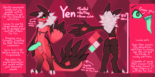 anthro balls big_hands big_penis biped butt eyeliner femboy fur genitals glowing glowing_eyes glowing_tongue huge_hands knot makeup male penis ribbed_penis segmented_penis smile standing tail text tongue coffaebeans nintendo pokemon yen_(coffaebeans) generation_6_pokemon legendary_pokemon pokemon_(species) yveltal absurd_res digital_media_(artwork) english_text hi_res model_sheet