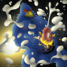 anthro areola balls beak big_balls big_muscles big_penis biped blue_body blue_feathers bodily_fluids cum cumshot destruction earth ejaculation erection feathers fur genital_fluids genitals hand_on_planet huge_balls huge_penis macro male male_penetrating moon muscular muscular_anthro muscular_male nipples orgasm penetration penis planet planet_destruction planet_dwarfing planet_penetrated solo space sun terra_macro koa_wolf nintendo star_fox falco_lombardi avian bird 1:1 2021 absurd_res digital_media_(artwork) hi_res