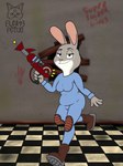 2_ears 4_fingers activision anthro belly boarded_window breasts broken_wall call_of_duty camel_toe checkered checkered_floor clothing detailed_background disney female fingers footwear funkyfetus grey_body gun hi_res judy_hopps jumpsuit knee_pads lagomorph leporid mammal rabbit ranged_weapon raygun shoes signature solo weapon zootopia