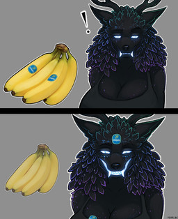 anthro antlers banana big_breasts bioluminescence black_body black_fur breasts claws clothed clothing exclamation_point female female_anthro food fruit fur glowing glowing_eyes glowing_teeth horn humor plant pointy_ears sharp_teeth shirt simple_background smile smiling_at_viewer solo sticker stickers_on_body stickers_on_face tail tank_top teeth text topwear two_panel_image vitaly_s_alexius american_mythology chiquita_(brand) indigenous_north_american_mythology mythology north_american_mythology stupid_sexy_cryptids starshade cryptid omnid wendigo digital_media_(artwork) half-length_portrait hi_res meme portrait