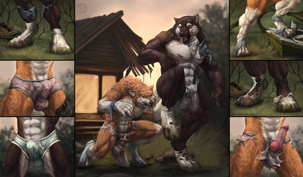 4_toes 5_fingers abs after_transformation animal_genitalia animal_penis anthro arm_tuft balls belt biceps big_muscles biped black_body black_claws black_fur black_lips black_nose black_pawpads blue_eyes blurred_background boots bottomwear broad_shoulders brown_body brown_fur brown_markings building bulge calf_muscles canine_genitalia canine_penis cheek_tuft chest_tuft claws close-up clothing clothing_removal clothing_scraps countershade_face countershade_torso countershading crouching curled_fingers cutaway day denim denim_bottomwear denim_clothing depth_of_field destroyed_clothing detailed_bulge digitigrade dipstick_ears dirty dirty_clothing dirty_feet dirty_socks duo ear_markings ears_back elbow_tuft erection eye_contact facial_tuft fangs feet finger_claws fingers fluffy fluffy_tail foot_focus foot_on_object footwear forearm_muscles fur genital_focus genital_outline genitals gloves_(marking) grass growth half-erect inner_ear_fluff jeans knot knotted_penis leg_markings lips lipsticking looking_at_another looking_at_partner low-angle_view male male/male mane markings mostly_nude multi_panel multicolored_body multicolored_ears multicolored_fur muscular muscular_anthro muscular_male navel neck_tuft nipples obliques on_one_leg open_mouth outside pants pawpads paws pecs penis pink_nipples pink_penis pivoted_ears plant quads raised_foot retracted_sheath rippage rock serratus sharp_teeth sheath sheath_outline shirt shocked shoes sky snout socks socks_(marking) standing straining_clothing structure surprised tail tearing_clothing tearing_underwear teeth tight_clothing toe_claws toes tongue topwear torn_boots torn_bottomwear torn_clothing torn_footwear torn_jeans torn_pants torn_shirt torn_socks torn_topwear torn_underwear transformation tree tuft two_tone_body two_tone_fur underwear underwear_in_mouth undressing_partner white_body white_fur st.likhod mythology dragondude917 lucas_(lucasreturns) canid canine mammal mythological_canine mythological_creature werecanid werecanine werecreature werewolf 2023 detailed hi_res shaded warm_colors