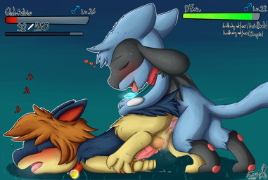 all_fours anal anal_penetration animal_genitalia anus balls bdsm blush bodily_fluids bondage bound butt collar cum cum_in_ass cum_inside cumshot damage_numbers doggystyle dominant dominant_male duo ejaculation eyes_closed fluffy from_behind_position gameplay_mechanics gem gender_symbol genital_fluids genitals gui health_bar jewelry knot losing_health male male/male male_penetrated male_penetrating male_penetrating_male male_symbol moan open_mouth orgasm pendant penetration penile penile_penetration penis penis_in_ass sex sheath simple_background submissive submissive_male symbol tapering_penis tongue tongue_out asbel_lhant conditional_dnp eraquis nintendo pokemon asbie generation_2_pokemon generation_4_pokemon mammal pokemon_(species) quilava riolu alpha_channel digital_media_(artwork)