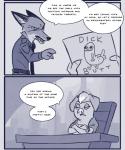 anthro clothed clothing dialogue duo female fur male speech_bubble text uniform rockbottomfeeder disney zootopia dickbutt mayor_swinton nick_wilde canid canine domestic_pig fox mammal red_fox suid suina sus_(pig) true_fox 2016 black_and_white comic english_text meme monochrome