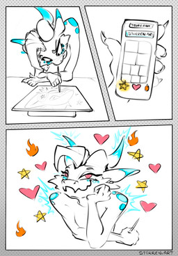 anthro drawing_(action) female fire heart_eyes heart_symbol looking_at_viewer phone_screen phone_view sitting solo star stirren stirren_(stirren) kobold scalie comic hi_res sequence