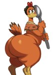 anthro avian_caruncle beak big_butt brown_body brown_feathers butt comb_(anatomy) cutlery dewlap_(anatomy) eyelashes feathers female green_eyes head_crest huge_butt kerchief kitchen_utensils looking_back mostly_nude multicolored_body multicolored_feathers orange_body orange_feathers orange_tail simple_background solo spoon tail tools wattle white_background yellow_beak sssonic2 aardman_animations chicken_run dreamworks ginger_(chicken_run) avian bird chicken galliform gallus_(genus) phasianid absurd_res hi_res