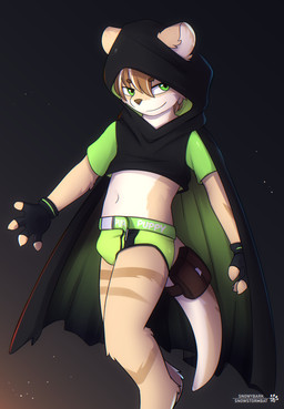 adrian_(snowsormbat) belt briefs cape cloak clothing fingerless_gloves gloves gradient_background green_eyes handwear kemono looking_at_viewer male simple_background smug solo standing underwear snowybark mammal mustelid otter absurd_res hi_res