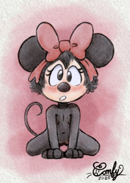 accessory aged_down anthro barely_visible_genitalia barely_visible_vulva biped black_body black_hair black_nose blush bow_ribbon countershade_face countershading female flat_chested front_view genitals hair hair_accessory hair_bow hair_ribbon kneeling loli looking_at_viewer navel nude open_mouth ribbons round_ears simple_background solo tail tan_body tan_countershading thin_tail vulva young young_anthro young_female comfymouse disney minnie_mouse mammal mouse murid murine rodent 2025 hi_res