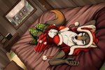 anthro bed bed_sheet bedding bedroom bedroom_eyes belly blep blue_eyes bra canid canine canis christmas christmas_clothing christmas_lingerie clothing costume door fan_character female furniture hand_behind_head hi_res holidays legend_of_ahya legwear lingerie lying mammal mirror mirror_reflection murana_wolford_(darkflame-wolf) narrowed_eyes navel nightstand on_back pillow reflection ruolina santa_costume scar seductive solo stockings suit_symbol tongue tongue_out underwear wolf