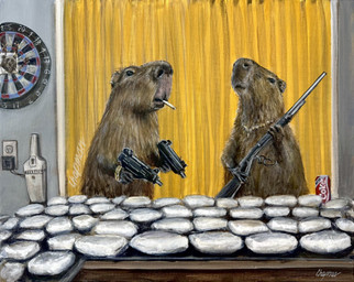 ambiguous_gender brown_body brown_fur canned_drink chain_necklace clock curtains dartboard detailed_background duo feral fur gun holding_object jewelry necklace outlet ranged_weapon rifle text watch weapon wristwatch travis_chapman coca-cola capybara caviid mammal rodent acrylic_painting_(artwork) artist_name hi_res painting_(artwork) signature traditional_media_(artwork) traditional_painting_(artwork)