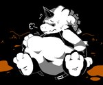 3_toes abdominal_bulge ambiguous_gender ambiguous_pred anthro anthro_pred barefoot belly big_belly black_clothing black_horn bodily_fluids breath clothing dreadlocks feet fur horn huge_belly navel paws sweat toes unseen_prey vore white_body white_fur pawplants everhood rasta_beast_(everhood) unknown_species 2023 digital_media_(artwork)