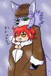 anthro black_nose blue_eyes blush clothing duo female fur grey_body grey_fur hair hat headgear headwear male short_hair smile suzuinu fate_(series) type-moon gudako_(fate) patxi_(fate) canid canine canis human mammal wolf yaga hi_res