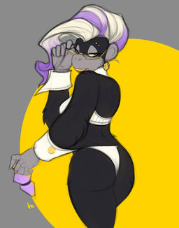 adjusting_glasses anthro bedroom_eyes big_butt black_body black_fur blonde_hair bottle breasts butt closed_smile clothed clothed_anthro clothed_female clothing container ear_piercing ear_ring eyebrow_piercing eyelashes eyewear facial_piercing female female_anthro fingers fully_clothed fully_clothed_anthro fully_clothed_female fur glasses gold_(metal) hair highlights_(coloring) holding_bottle holding_container holding_object lips lipstick looking_at_viewer looking_back looking_back_at_viewer makeup mouth_closed multicolored_body multicolored_fur multicolored_hair multiple_piercings narrowed_eyes panties perfume piercing purple_hair purple_highlights raised_arm rear_view ring_piercing seductive shirt shirt_cuffs short_hair shoulderless_shirt simple_background smile solo thick_thighs topwear two_tone_hair underwear wearing_glasses white_clothing white_panties white_shirt white_topwear white_underwear yellow_eyes yellow_lipstick tkraccoon donkey_kong_(series) donkey_kong_bananza nintendo poppy_kong haplorhine kong mammal monkey primate hi_res