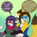 1:1 2015 anthro blue_eyes blush breast_grab breasts brown_body brown_fur brown_hair canid canine claire_o'conell cleavage clothed clothing dialogue domestic_cat duo english_text eyewear felid feline felis female female/female fennec_fox flirting fox fur glasses grabbing_from_behind grope groping_from_behind hair hand_on_breast mammal multicolored_body multicolored_fur purple_body purple_fur purple_hair red_eyes scarf sesame_akane skidd smile standing surprise text true_fox two_tone_body two_tone_fur uberquest white_body white_fur yellow_body yellow_fur