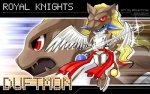 armor blonde_hair brown_body clothing feathered_wings feathers green_eyes hair male melee_weapon red_eyes solo sword tail weapon white_body white_clothing white_feathers wings silvertree bandai_namco digimon digimon_(species) duftmon duftmon_leopard_mode felid leopard leopardmon mammal pantherine