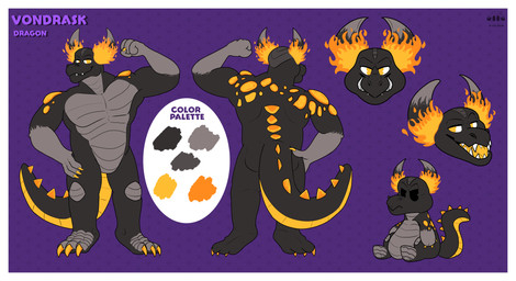 3_toes 4_fingers anthro belly big_muscles black_eyes black_head black_legs black_tail border chibi claws color_swatch feet fingers fire flaming_horn flaming_horns front_view grey_arms grey_belly grey_chest grey_horn horn lava_plated lava_plated_back lava_plated_body lava_plates macro macro_anthro macro_male male male_anthro mouth_closed muscular muscular_anthro muscular_male nude_anthro nude_macro nude_male open_mouth purple_background purple_text rear_view sharp_teeth simple_background solo spiked_tail spikes spikes_(anatomy) tail teeth text toes tongue white_border yellow_claws yellow_eyes yellow_mouth yellow_tail yellow_tongue tienduki mythology vondrask_(ivarathefoox) dragon mythological_creature mythological_scalie scalie absurd_res character_name hi_res japanese_text species_name translated male_(lore)