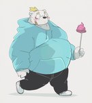 anthro black_nose blonde_hair bottomwear clothing eyewear fur glasses hair hoodie humanoid_hands kemono male overweight overweight_anthro overweight_male pants simple_background solo topwear white_body white_fur dumdum bear mammal polar_bear ursine 2021 hi_res