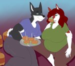 anthro belly big_belly big_breasts bloated breasts clothing duo feeder feedism female huge_breasts male male/female overweight simple_background slightly_chubby slightly_chubby_female smile stuffing thick_thighs weight_gain xchiseaxmargaritax brittany_(roushfan5) nathan_(roushfan5) canid canine canis domestic_dog husky mammal nordic_sled_dog spitz digital_media_(artwork) hi_res