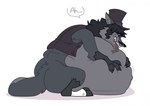 after_vore anthro belly belly_lick belly_squish butt clothing fur grey_body grey_fur hat headgear headwear hugging_belly male same_size_vore solo squish text top_hat vore indigested_omelette renargne_(indigested_omelette) canid canine canis fox mammal wolf hi_res