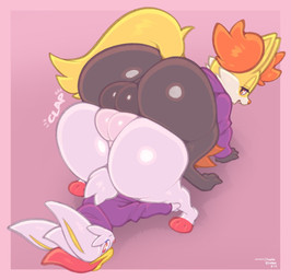 all_fours ass_to_ass backsack balls balls_touching bent_over big_balls big_butt border bottomless bottomless_male butt clothed clothing duo genitals hoodie hoodie_only huge_butt looking_at_viewer looking_back looking_back_at_viewer male male/male narrowed_eyes onomatopoeia open_mouth open_smile pink_background pink_border purple_clothing purple_hoodie purple_topwear simple_background smile sound_effects tail tail_aside text topwear topwear_only frumples nintendo pokemon cinderace delphox generation_6_pokemon generation_8_pokemon pokemon_(species) 2023 artist_name dated digital_media_(artwork)