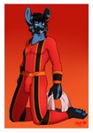 anthro black_body black_fur blue_body blue_eyes blue_fur border bulge clothing detailed_bulge ear_piercing ear_ring fur fur_markings genital_outline gradient_background holding_object kneeling looking_aside male markings orange_background pawpads penis_outline piercing ring_piercing sentai_inspired simple_background smile solo spandex spandex_suit tight_clothing white_border ryukawa power_rangers canid canine canis hybrid lagomorph leporid mammal rabbit wolf 2019 dated signature