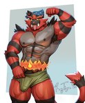 2023 abs absurd_res anthro armpit_hair bandanna barazoku biceps big_bulge big_muscles big_penis black_penis blue_background bodily_fluids body_hair border briefs bulge claws clothed clothing detailed_bulge erection erection_under_clothing fire flexing front_view fur generation_7_pokemon genital_fluids genital_outline genitals hi_res huge_muscles huge_thighs humanoid_genitalia humanoid_penis incineroar kerchief looking_at_viewer male muscular muscular_anthro muscular_male navel nintendo nipples obliques open_mouth open_smile pecs penis penis_base penis_outline pokemon pokemon_(species) precum precum_through_briefs precum_through_clothing precum_through_underwear quads raytig12 signature simple_background smile solo standing teeth tenting thick_thighs tongue tongue_out topless topless_anthro topless_male tuft underwear wet wet_briefs wet_clothing wet_underwear white_border