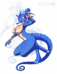 anthro big_breasts blue_body blue_hair bracelet breasts claws collar female hair jewelry looking_at_viewer nipple_dip nipples non-mammal_breasts non-mammal_nipples nude red_eyes smile solo tail matypup mythology dragon helmeted_lizard lizard mythological_creature mythological_scalie reptile scalie hi_res