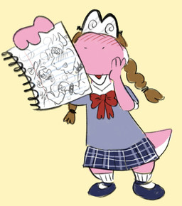 anthro blush bottomwear brown_hair clothing eyewear female footwear fujoshi glasses hair holding_object holding_paper male male/male paper pink_body shoes simple_background skirt socks solo spiral_oculama yellow_background iggy666 mario_bros nintendo bowser mario human humanoid mammal pink_yoshi yoshi hi_res