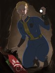 2022 blonde_hair blue_eyes breasts clothed clothing digital_media_(artwork) fallout female flashlight hair hi_res human human_only kneeling mammal meanybeany microsoft not_furry nuka-cola solo vault_suit