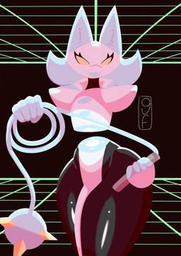 5_fingers anthro black_body blue_hair clothed clothing dark_body eyelashes fangs female fingers floating_hands floating_torso hair holding_object holding_weapon lights machine smile solo teeth thick_thighs weapon whip white_body yellow_eyes gamesfan deltarune undertale_(series) tasque_manager felid feline mammal robot absurd_res digital_media_(artwork) hi_res signature
