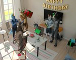 anthro antlers birthday bone cake carpet chair clothing curtains dessert electronics food furniture gift group hat headgear headwear horn inside male party party_hat skull surprise table television window wine_bottle techiesxc mythology bat deer dragon hybrid mammal mythological_creature mythological_scalie scalie skulldog_(species) 5:4 digital_media_(artwork) hi_res