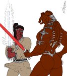 blue_lightsaber bulge butt clothed clothing detailed_bulge duo erection erection_under_clothing eye_patch eyewear genital_outline haillu_(anatomy) lightsaber male male/male melee_weapon nude penis_outline red_lightsaber simple_background tenting weapon white_background skianous star_wars gadnek_tarpals alien amphibian gungan otolla_gungan sith_(species) hi_res