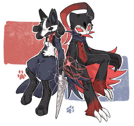 aged_up ambiguous_gender anthro biped black_body black_eyes black_fur claws duo empty_eyes fluffy fluffy_tail footprint fur holding_melee_weapon holding_object holding_weapon markings melee_weapon nail_(weapon) pawprint pawprint_(marking) paws pose red_body red_eyes red_fur spikes spikes_(anatomy) standing tail weapon white_body white_fur aaasakawa hollow_knight_(franchise) nintendo pokemon team_cherry grimmchild_(hollow_knight) the_knight_(hollow_knight) generation_4_pokemon generation_8_pokemon lucario mammal pokemon_(species) sneasler 2026 crossover hi_res