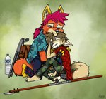 anthro backpack blue_eyes bodily_fluids bottle brown_body brown_fur brown_hair container crying cuddling duo female fur gun hair hug male melee_weapon orange_body orange_fur polearm purple_hair ranged_weapon rifle sad scar shotgun spear tan_body tan_fur tears water_bottle weapon yellow_body yellow_fur ziegelzeig bad_guy_cafe aliya_sari_(readerno31142) fire_(firefox) canid canine fox mammal