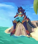 anthro beach bodily_fluids casual_urination clothing female genital_fluids peeing seaside solo swimming_trunks swimwear text urine urine_pool water wetting valrionwrites capcom monster_hunter brute_wyvern glavenus 2024 absurd_res digital_media_(artwork) english_text hi_res