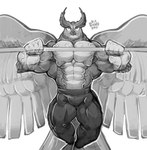 abs anthro barazoku barbell beak bench_press big_muscles bottomwear clothed clothing exercise feathers huge_muscles lying male muscular muscular_anthro muscular_male obliques on_back pants pecs solo topless topless_male vein veiny_muscles weightlifting wings workout chirros avian bird owl 2021 artist_name greyscale hi_res monochrome