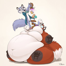 3_toes 4_fingers anthro beef biped black_nose blue_clothing blue_shirt blue_topwear bottomless bottomless_anthro bottomless_male brown_body brown_claws brown_ears brown_feet brown_finger_claws brown_fur brown_hands brown_pawpads brown_toe_claws cake cake_slice candy cheek_bulge chocolate chocolate_chip_cookie chocolate_chips claws closed_smile clothed clothed_anthro clothed_male clothing cookie countershade_face countershade_feet countershade_fur countershade_torso countershading dessert dipstick_ears dipstick_tail doughnut duo ear_markings ear_piercing ear_ring ear_stud eyebrows fangs featureless_crotch feet finger_claws fingerpads fingers food foot_in_mouth force_feeding forced fur gloves_(marking) grey_body grey_fur holding_bag humanoid_hands immobile inner_ear_fluff larger_anthro larger_male leg_markings looking_down looking_down_at_another magic male male_anthro markings meat monotone_background monotone_tail moobs morbidly_obese morbidly_obese_anthro morbidly_obese_male mouth_closed multicolored_body multicolored_ears multicolored_fur navel nude nude_anthro nude_male obese obese_anthro obese_male open_clothing open_mouth open_shirt open_topwear overweight overweight_anthro overweight_male pastry pawpads paws piercing pink_tongue pizza pizza_slice red_body red_fur red_tail ring_piercing rolled_up_sleeves shirt simple_background sitting sitting_on_ground size_difference smaller_anthro smaller_male smile smiling_at_another socks_(marking) standing standing_on_another steak tail tail_markings teeth toe_claws toes tongue toony topwear tuft two_tone_tail weight_gain whisker_spots white_background white_body white_claws white_countershading white_eyebrows white_finger_claws white_fur white_inner_ear white_tail white_toe_claws teaselbone artfulreggie teaselbone_(character) canid canine canis fox mammal red_fox true_fox wolf 1:1 2025 digital_drawing_(artwork) digital_media_(artwork) hi_res shaded signature