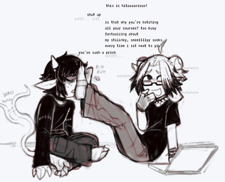 anthro bracelet clothing collar computer crossed_legs dialogue duo electronics feet foot_fetish foot_on_face foot_sniffing footwear horn jewelry laptop laugh male male/male sitting sitting_on_ground sniffing sniffing_clothes sock_sniffing socks spiked_bracelet spiked_collar spikes tail tail_motion tailwag teasing text dondon don_(dondon) ferskel_(dondon) bovid caprine caprine_demon demon goat_demon humanoid mammal 2026 english_text