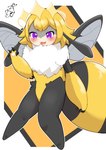 4_fingers anthro black_body black_fur blonde_hair blush claws cute_fangs fangs female fingers fur hair open_mouth pawpads puffy_chest purple_eyes simple_background solo teeth tongue wave white_body white_fur wings yellow_body yellow_fur puniwanko solo_farming_in_the_tower queen_poisonous_honeybee_(solo_farming_in_the_tower) arthropod bee hymenopteran insect poison_honeybee_(solo_farming_in_the_tower) queen_bee 2023 absurd_res hi_res